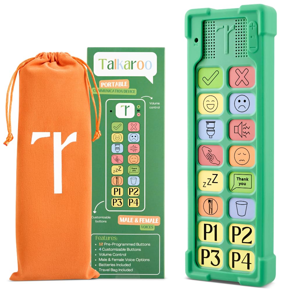 Talkaroo AAC Device – Non-Verbal Communication Aid for Adults & Children, Classroom Friendly, Adjustable Volume, 4 Programmable Buttons + 12 Pre-Set Buttons (Talkaroo Aid + Shock Proof Case)
